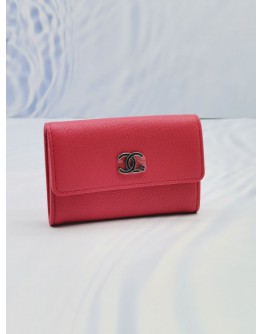 (UNUSED) CHANEL CORAL CALFSKIN LEATHER CC CAMELLIA O-CARD HOLDER 