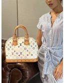 LOUIS VUITTON X MURIKAMI ALMA MM IN WHITE MONOGRAM MULTICOLOR CANVAS HANDLE BAG WITH GOLD STUD