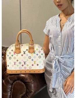 LOUIS VUITTON X MURIKAMI ALMA MM IN WHITE MONOGRAM MULTICOLOR CANVAS HANDLE BAG WITH GOLD STUD