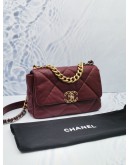 (LIKE NEW) 2023 MICROCHIP CHANEL 19 BURGUNDY PURPLE LAMBSKIN CC LOGO FLAP CROSSBODY BAG WITH 3 TONE HARDWARE