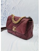 (LIKE NEW) 2023 MICROCHIP CHANEL 19 BURGUNDY PURPLE LAMBSKIN CC LOGO FLAP CROSSBODY BAG WITH 3 TONE HARDWARE