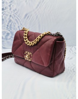 (LIKE NEW) 2023 MICROCHIP CHANEL 19 BURGUNDY PURPLE LAMBSKIN CC LOGO FLAP CROSSBODY BAG WITH 3 TONE HARDWARE