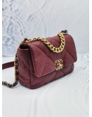 (LIKE NEW) 2023 MICROCHIP CHANEL 19 BURGUNDY PURPLE LAMBSKIN CC LOGO FLAP CROSSBODY BAG WITH 3 TONE HARDWARE