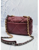 (LIKE NEW) 2023 MICROCHIP CHANEL 19 BURGUNDY PURPLE LAMBSKIN CC LOGO FLAP CROSSBODY BAG WITH 3 TONE HARDWARE