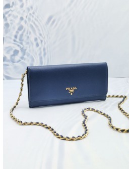 PRADA WALLET ON CHAIN DEEPSEA BLUE SAFFIANO LEATHER SLING BAG