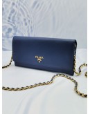 PRADA WALLET ON CHAIN DEEPSEA BLUE SAFFIANO LEATHER SLING BAG