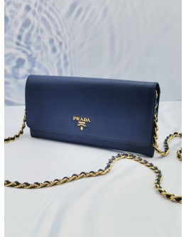 PRADA WALLET ON CHAIN DEEPSEA BLUE SAFFIANO LEATHER SLING BAG