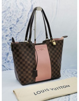 (LIKE NEW) LOUIS VUITTON JERSEY BROWN DAMIER EBENE CANVAS WITH PINK LEATHER TOTE SHOULDER BAG 