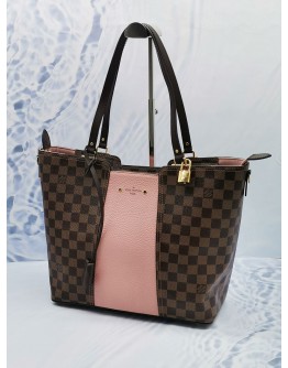 (LIKE NEW) LOUIS VUITTON JERSEY BROWN DAMIER EBENE CANVAS WITH PINK LEATHER TOTE SHOULDER BAG 