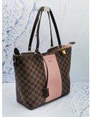 (LIKE NEW) LOUIS VUITTON JERSEY BROWN DAMIER EBENE CANVAS WITH PINK LEATHER TOTE SHOULDER BAG 