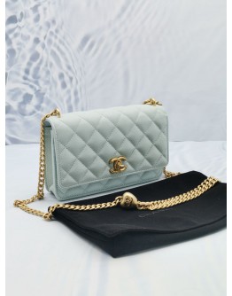 (LIKE NEW) 2024 MICROCHIP CHANEL WALLET ON CHAIN SWEETHEART LIGHT BLUE CAVIAR LEATHER BAG GHW