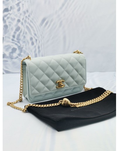 (LIKE NEW) 2024 MICROCHIP CHANEL WALLET ON CHAIN SWEETHEART LIGHT BLUE CAVIAR LEATHER BAG GHW