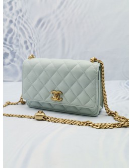 (LIKE NEW) 2024 MICROCHIP CHANEL WALLET ON CHAIN SWEETHEART LIGHT BLUE CAVIAR LEATHER BAG GHW