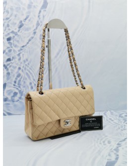 CHANEL CLASSIC MEDIUM SIZE IN BEIGE LAMBSKIN LEATHER WITH DOUBLE FLAP SILVER HARDWARE