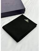 PRADA LOGO PLAQUE WALLET IN BLACK TESSUTO AND CALFSKIN LEATHER