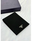 PRADA LOGO PLAQUE WALLET IN BLACK TESSUTO AND CALFSKIN LEATHER