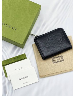 (LIKE NEW) GUCCI CARD AND COIN WALLET IN BLACK GG EMBOSSED PERFORATED LEATHER -FULL SET-