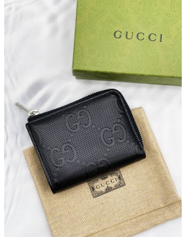 (LIKE NEW) GUCCI CARD AND COIN WALLET IN BLACK GG EMBOSSED PERFORATED LEATHER -FULL SET-