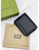 (LIKE NEW) GUCCI CARD AND COIN WALLET IN BLACK GG EMBOSSED PERFORATED LEATHER -FULL SET-