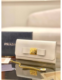 (BRAND NEW) PRADA WHITE SAFFIANO LEATHER FIOCCO BOW LONG WALLET -FULL SET-