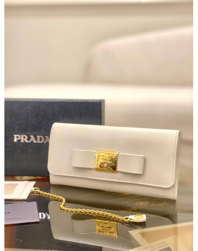 (BRAND NEW) PRADA WHITE SAFFIANO LEATHER FIOCCO BOW LONG WALLET -FULL SET-