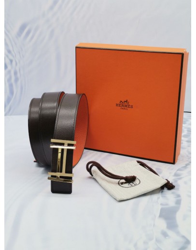 HERMES H AU CARRE BUCKLE & BROWN & ORANEG REVERSIBLE LEATHER BELT SIZE 105-FULL SET-