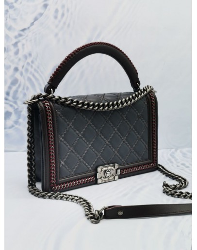 CHANEL NEW MEDIUM BOY LIMITED EDITION GREY / OLIVE GREEN / RED QUILTED LEATHER AROUND TOP HANDLE BAG