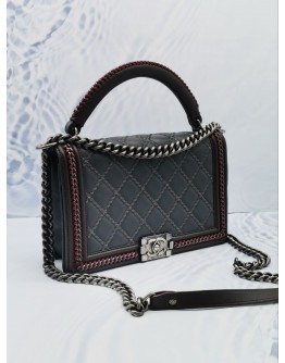 CHANEL NEW MEDIUM BOY LIMITED EDITION GREY / OLIVE GREEN / RED QUILTED LEATHER AROUND TOP HANDLE BAG