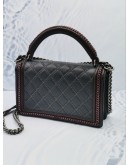 CHANEL NEW MEDIUM BOY LIMITED EDITION GREY / OLIVE GREEN / RED QUILTED LEATHER AROUND TOP HANDLE BAG