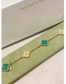 (BRAND NEW) 2024 VCA VAN CLEEF & ARPELS VINTAGE ALHAMBRA BRACELET 5 MOTIFS 18K 750 YELLOW GOLD WITH DIAMONDS & TURQUOISE MALACHITE -FULL SET-