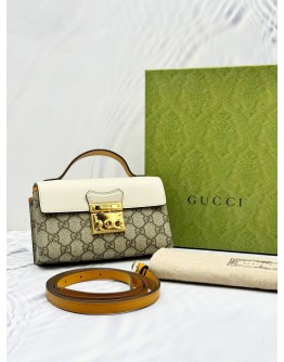 (UNUSED) GUCCI PADLOCK MINI CROSSBODAY BAG IN BEIGE GG SUPREME CANVAS AND WHITE YELLOW LEATHER -FULL SET-