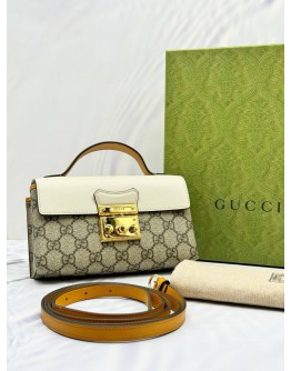 (UNUSED) GUCCI PADLOCK MINI CROSSBODAY BAG IN BEIGE GG SUPREME CANVAS AND WHITE YELLOW LEATHER -FULL SET-