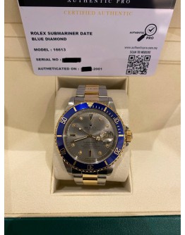 (LIKE NEW) 2001 ROLEX SUBMARINER REF 16613 DATE BLUE DIAMOND ICE GREY DIAL 40MM AUTOMATIC WATCH