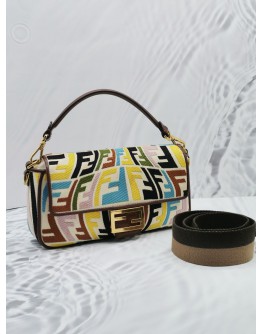 FENDI X SARA COLEMAN LARGE CANVAS MULTICOLOR  / BROWN LEATHER FF FISH EYE EMBROIDERED BAGUETTE SHOULDER BAG