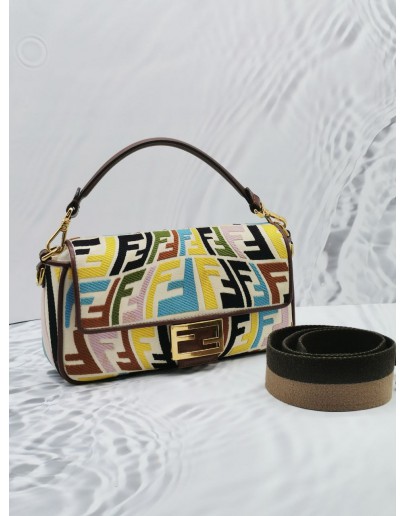 FENDI X SARA COLEMAN LARGE CANVAS MULTICOLOR  / BROWN LEATHER FF FISH EYE EMBROIDERED BAGUETTE SHOULDER BAG