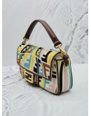 FENDI X SARA COLEMAN LARGE CANVAS MULTICOLOR  / BROWN LEATHER FF FISH EYE EMBROIDERED BAGUETTE SHOULDER BAG