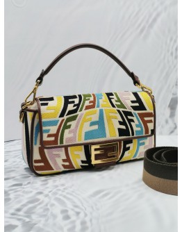 FENDI X SARA COLEMAN LARGE CANVAS MULTICOLOR  / BROWN LEATHER FF FISH EYE EMBROIDERED BAGUETTE SHOULDER BAG