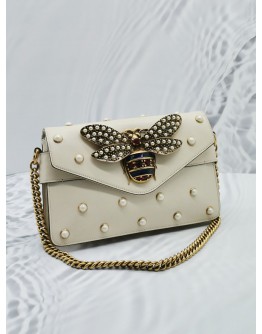 GUCCI NAPPA PEARL STUDDED QUEEN MARGARET BROADWAY BEE SHOULDER BAG IN OFF WHITE LEATHER 