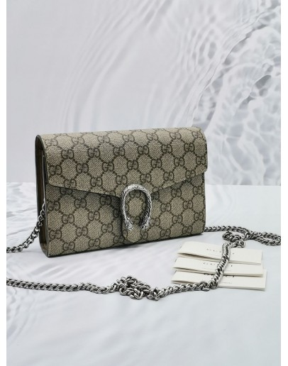 GUCCI DIONYSUS GG SUPREME CANVAS CROSSBODY SILVER CHAIN BAG -FULL SET-