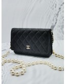 (SALE) 2022 MIROCHIP CHANEL 22P WHITE PEARL WALLET ON CHAIN SLING BAG IN BLACK LAMBSKIN GHW 