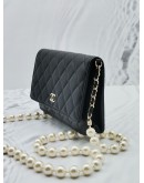 (SALE) 2022 MIROCHIP CHANEL 22P WHITE PEARL WALLET ON CHAIN SLING BAG IN BLACK LAMBSKIN GHW 