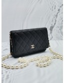 (SALE) 2022 MIROCHIP CHANEL 22P WHITE PEARL WALLET ON CHAIN SLING BAG IN BLACK LAMBSKIN GHW 