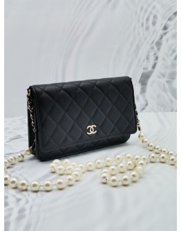 (SALE) 2022 MIROCHIP CHANEL 22P WHITE PEARL WALLET ON CHAIN SLING BAG IN BLACK LAMBSKIN GHW 