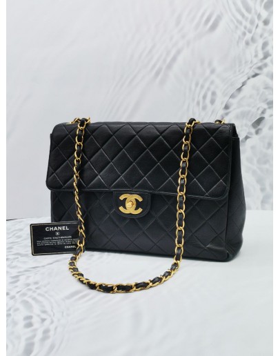 (SALE) CHANEL VINTAGE JUMBO SIGNLE FLAP BLACK LAMBSKIN LEATHER GOLD HARDWARE CHAIN SHOULDER BAG