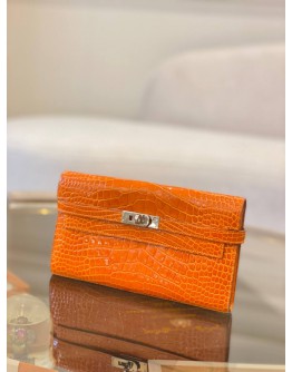 (LIKE NEW) 2012 HERMES KELLY 20 LIMITED EDITION WALLET IN ORANGE POPPY ALLIGATOR LEATHER