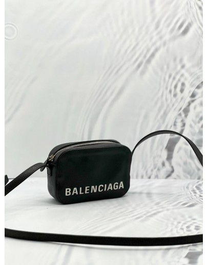 BALENCIAGA XS LOGO VILLE BLACK LEATHER CAMERA CROSSBODY BAG 