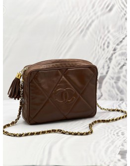 CHANEL TASSEL CAMERA BROWN LAMBSKIN LEATHER SLING BAG 