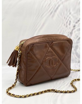 CHANEL TASSEL CAMERA BROWN LAMBSKIN LEATHER SLING BAG 