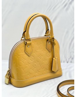 LOUIS VUITTON ALMA BB IN MUSTARD YELLOW MONOGRAM VERNIS LEATHER HANDLE BAG 