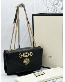 GUCCI RAJAH TIGER HEAD MEDIUM CHAIN CROSSBODY FLAP BAG IN BLACK SOFT LEATHER -FULL SET- 